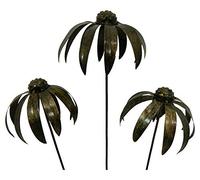 Thai Gifts Set of 3 Metal Flower Daisy Ornaments - Echinacea Daisies, Gold, 100cm Tall - Unique Garden Stakes for Pots & Borders, Durable, Handcrafted Outdoor Decorations - Fairly Traded Garden Art