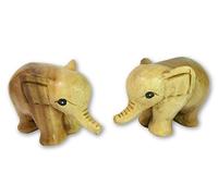 Thai Gifts Wooden Elephant Carving - Pair of Hand Carved Baby Elephants - Natural