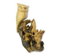 Thai Gifts Wooden Owl Carving - Horned Owl on Root Wood