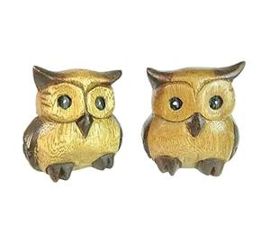 Thai Gifts Wooden Owl Carving - Pair of Hand-made Fat Owls 3"