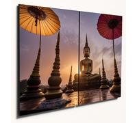 Thai Temple Sunset Scene Dual A4 Wooden MDF Wall Art, Serene Home Decor Canvas Alternative 40 x 30cm