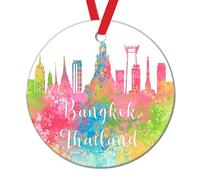 Thailand Bangkok Skyline in Watercolor Christmas Tree Ornament Thailand Bangkok Skyline Circle Ceramic Hanging Pendant Keepsake Colorful Cityscape Skyline Christmas Tree Ornament