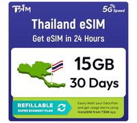 Thailand eSIM | 15GB Super Saver Refillable Plan! QR Code Sent via Email in 24Hrs - Scan & Use Immediately | Auto Activating 30 Day Validity | 5G Speed + Hotspot | Data-Only No Phone Number