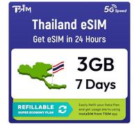 Thailand eSIM | 3GB Super Economy Refillable Plan! QR Code Sent via Email in 24Hrs - Scan & Use Immediately | Auto Activating 7 Day Validity | 5G Speed + Hotspot | Data-Only No Phone Number
