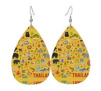 Thailand Map With Icons Teardrop Leather Earrings Ladies Print Pendant With Hook Fashion Vintage Party Daily Wear