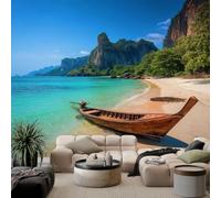Thailand Tropical Island Mural Wallpaper, Non-Woven Wall Mural Decoration 200 x 140 cm, Longtail Boat Paper Poster for Bedroom Playroom Teen Hallway Home Decoration Wallpaper