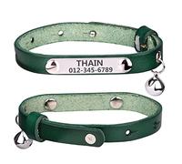 THAIN Cat/Kitten Collar personalised genuine leather with bell,custom nameplate (S(neck 7.8-10.2"), Green)