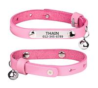 THAIN Cat/Kitten Collar personalised genuine leather with bell,custom nameplate (S(neck 7.8-10.2"), Pink)