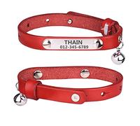 THAIN Cat/Kitten Collar personalised genuine leather with bell,custom nameplate (S(neck 7.8-10.2"), Red)