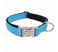 THAIN Custom Reflective Dog Collar Personalised Dog Collar with Name Plate engraved Pet Name, Phone Number, Silent,No Noise Dog ID Tag (Blue with neoprene, M(neck 12-17.7”))