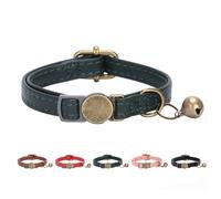THAIN Leather Cat Collar with Bell Breakaway- Adjustable, Durable, Retro Bell fit Most Cats and Kittens (Dark Green)