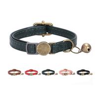 THAIN Leather Cat Collar with Bell Breakaway- Adjustable, Durable, Retro Bell fit Most Cats and Kittens (Dark Green)