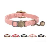 THAIN Leather Cat Collar with Bell Breakaway- Adjustable, Durable, Retro Bell fit Most Cats and Kittens (Pink)