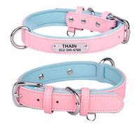 THAIN Personalised Dog Collars microfiber leather with free engraved name plate, neoprene padded Pet Collar for Puppy Small Medium Large Dogs (Pink, XL(neck 18.1"-22"))