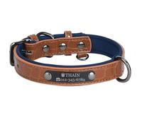 THAIN Personalised Dog Collars microfiber leather with free engraved name plate, neoprene padded Pet Collar for Puppy Small Medium Large Dogs (Brown+Blue, L(neck 14.1"-18.1"))