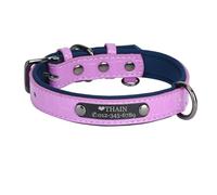 THAIN Personalised Dog Collars microfiber leather with free engraved name plate, neoprene padded Pet Collar for Puppy Small Medium Large Dogs (Purple+Blue, L(neck 14.1"-18.1"))