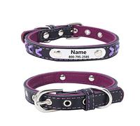 THAIN Personalised Leather Dog Collars with Engraved Stainless steel Nameplate-Braided Leather Soft Padded Custom Collar for Small Medium Large Dogs (M（neck 11.81"-14.96"）, Purple)