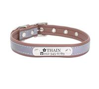 THAIN Personalised Reflective Cat Dog Collar with Name Plate Custom Engraved Cute Puppy Kitten Dog Cat Collars for Male Female Boy Girl Small Medium Large Dogs (Brown, S)