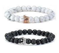 Thajaling 2 pcs Couple Bracelet Black White Stone Bracelet Rose Gold & Silver Crown Queen 8mm Beads Bracelets
