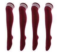 Thajaling 2 Pcs Women's Over Knee Thigh Socks,Triple Stripes High Tights Long Stocking,Soft Stretch Boot Socks for Daily Wear,Cosplay (Burgundy)