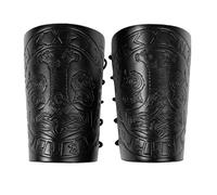 Thajaling 2 Pieces Viking Bracers, Mjolnir Embossed Arm Guards, Handcrafted Leather Armguards, Medieval Gauntlet Wristband, Vintage Dragonweave Bracers for Men (Black)