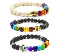 Thajaling 3 Pcs 8mm Lava Rock Stone Bracelet Buddha Skull Hamsa Hand 7 Chakra Bead Men Women Bracelet