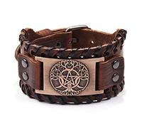 Thajaling Five-Pointed Star Cowhide Bracelet, Moon Tree of Life Wide Bracelet, Viking Vintage Leather Bracelet, Handmade Leather Bracelet for Men Women (Brown)