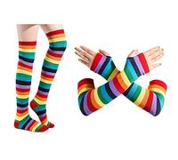 Thajaling Womens Rainbow Socks Gloves Set,Colorful Rainbow Stripe Long Knit Gloves Socks,Striped Knee High Socks Arm Warmer Fingerless Gloves Set
