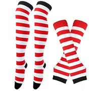 Thajaling Womens Socks,Striped Warmer Fingerless Gloves Knee High Socks Set,Girls Cosplay Striped Long Socks Hole Mittens Gloves for Halloween (Black/White/red)