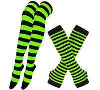 Thajaling Womens Socks,Striped Warmer Fingerless Gloves Knee High Socks Set,Girls Cosplay Striped Long Socks Hole Mittens Gloves for Halloween (Fluorescent green/Black)