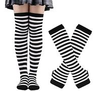 Thajaling Womens Socks,Striped Warmer Fingerless Gloves Knee High Socks Set,Girls Cosplay Striped Long Socks Hole Mittens Gloves for Halloween (Black/White)