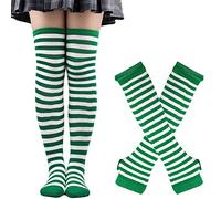 Thajaling Womens Socks,Striped Warmer Fingerless Gloves Knee High Socks Set,Girls Cosplay Striped Long Socks Hole Mittens Gloves for Halloween (Green/White)