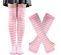 Thajaling Womens Socks,Striped Warmer Fingerless Gloves Knee High Socks Set,Girls Cosplay Striped Long Socks Hole Mittens Gloves for Halloween (Pink/White)