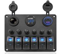 THALASSA 6 Gang Marine Boat Rocker Switch Aluminum Panel Waterproof with Circuit Breaker, Blue Digital Voltage Display, Dual PD+QC3.0 USB Outlet, Cigarette Lighter Port for Car Truck Rv Vehicles Yacht
