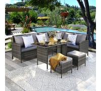 Thalia Grey- Rattan Corner Sofa Set & Moon Outdoor Rug
