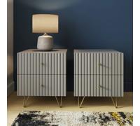 Thalia Ribbed 2 Drawer Bedside Table Pair Modern Stylish Grey