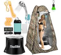 Thallike Portable Camping Shower Tent Kit, Pop Up Privacy Shelter with LED Lights, Rechargeable Shower Pump, 6.6 Gallon Collapsible Bucket, Adults Outdoor Hiking