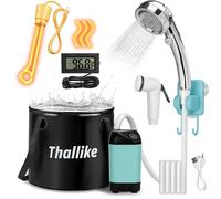 Thallike Portable Hot Shower for Camping, 1000W Immersion Heated, Rechargeable Camping Shower Pump, 6.6 Gallons Folding Bucket for Camping, Hiking, Traveling, Washing