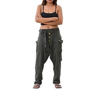 Thaluta Harem Pants Women Cotton Drop Crotch Pants with 2 Pockets Boho Pants One Size 4-12 US with Elastic Waist - Grey -