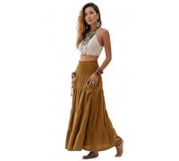 Thaluta Maxi Boho Skirt Long Pockets Cotton Hippie Bohemian Elastic Waist Gypsy Skirt, Copper, One Size