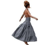 Thaluta Maxi Boho Skirt Long Pockets Cotton Hippie Bohemian Elastic Waist Gypsy Skirt, Grey, One Size