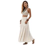Thaluta Maxi Boho Skirt Long Pockets Cotton Hippie Bohemian Elastic Waist Gypsy Skirt, Ivory, One Size