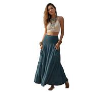 Thaluta Maxi Boho Skirt Long Pockets Cotton Hippie Bohemian Elastic Waist Gypsy Skirt, Teal, One Size