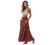 Thaluta Maxi Skirt Long Pockets Boho Cotton Hippie Bohemian Elastic Waist Gypsy Skirt - Brown - One Size