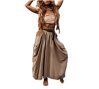 Thaluta Women's Maxi Boho Skirt with Pockets Bohemian Organic Cotton Hippie Gypsy, Beige, One Size