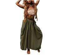 Thaluta Women's Maxi Boho Skirt with Pockets Bohemian Organic Cotton Hippie Gypsy, Olive, One Size
