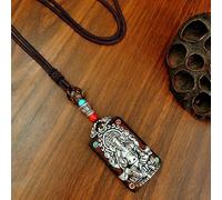Thangka pendant Nepal Thangka Pendant Male Green Mother Manjusri Ebony Buddha Retro Necklace Wool Chain Pendant Female Amulet Patron Lucky(Silvery Ultimate Ste)