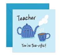 Thank a Teacher Day Card - Tea-rific Pun Cute Teapot Illustration - Greetings for Teacher Educator Mentor Tutor Teaching Assistant School Staff Professor - Fun Playful Theme -Comes with Stickers
