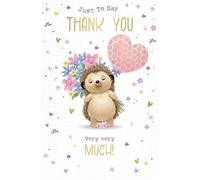 Thank You Card, Hedgehog Design, Flowers, Heart Balloon, Gold Foil, UK Made