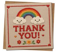 Thank You Card - Rainbow and Smiling Clouds Cross-Stitch Style, Cute Hearts and Flowers, 145mm x 145mm, Includes Kraft Envelope